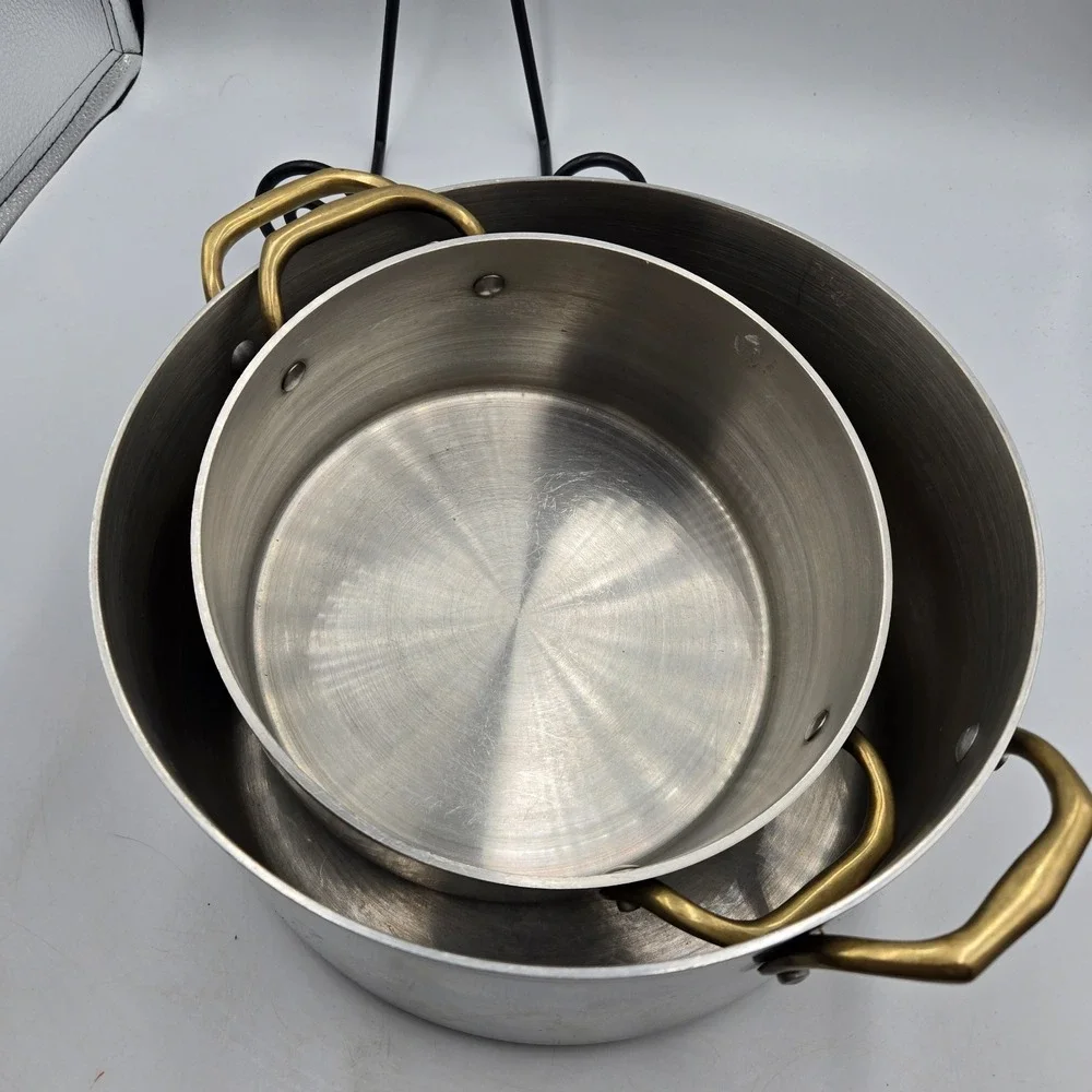 Set of 2 Vtg Atlas Metal Spinning Stainless Steel Stock Pots Brass Handle No Lid